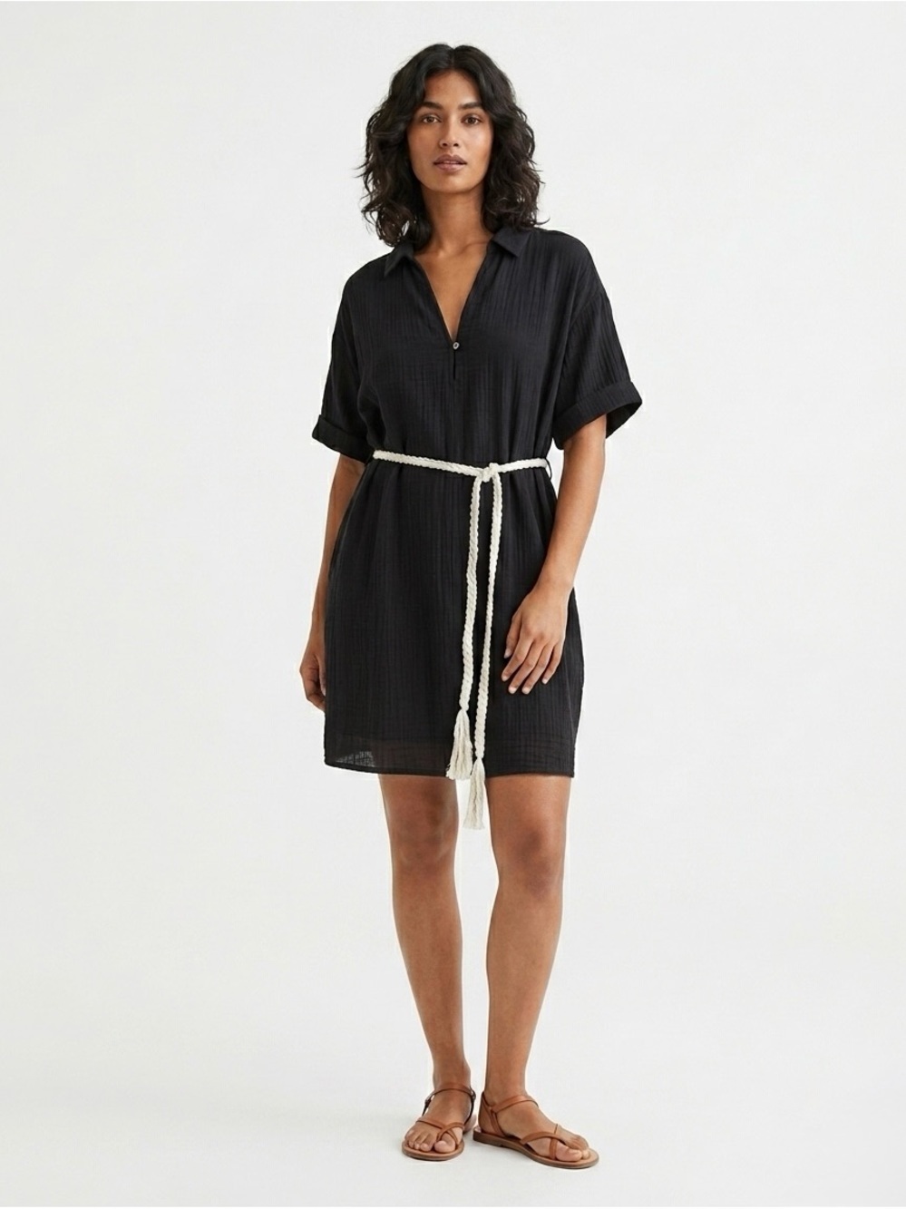 H&M Black Midi Dress with White Belt